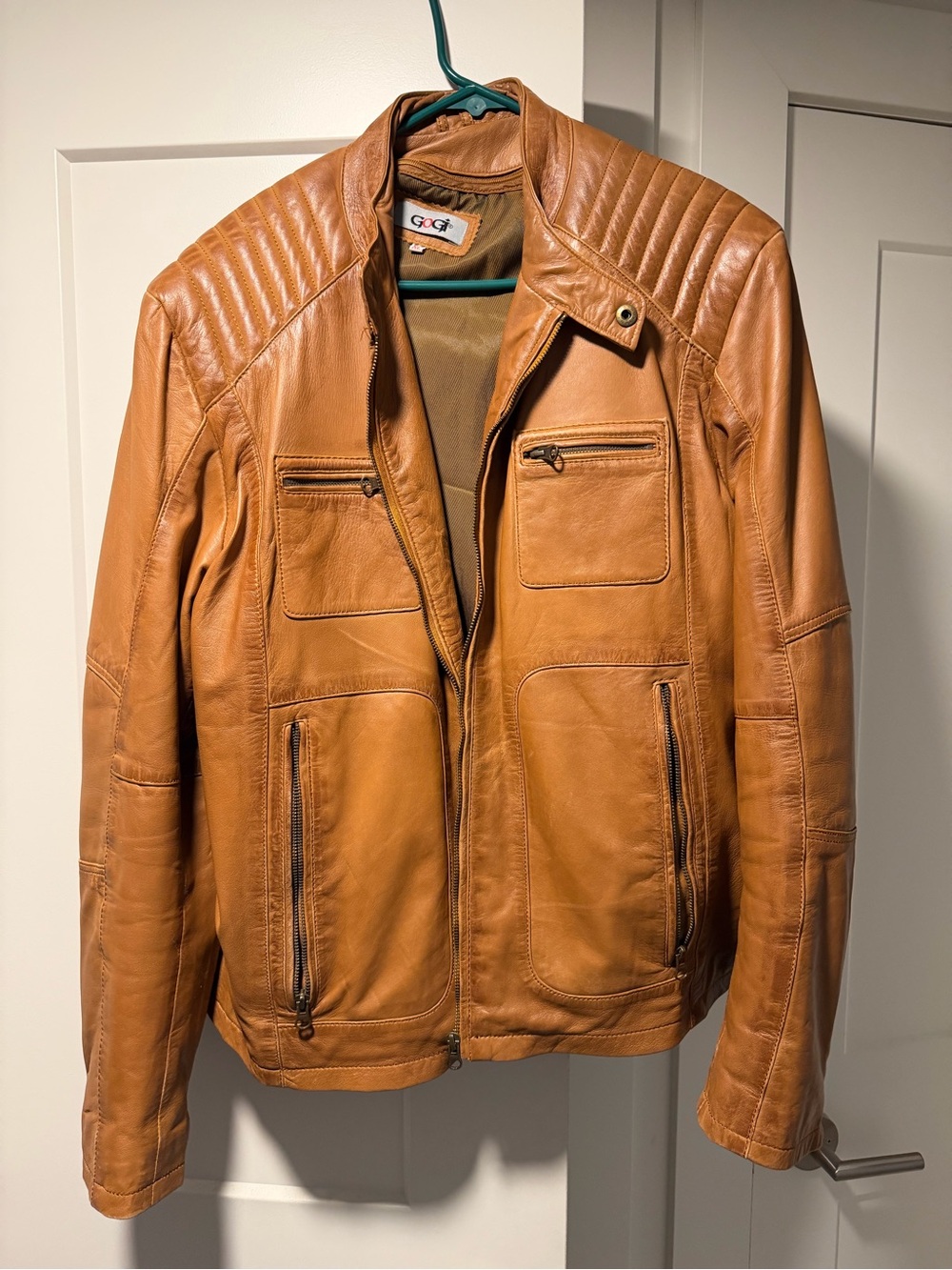 Men's Cognac Leather Bomber Jacket -